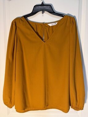LC Lauren Conrad Mustard V-Neck Balloon Sleeve Blouse